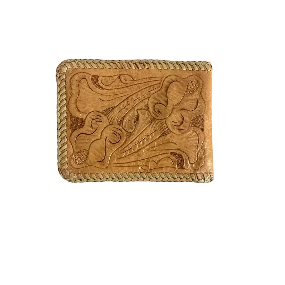 Vintage Hand-Tooled Genuine Goat Leather Floral Bifold Wallet Western Boho NOS